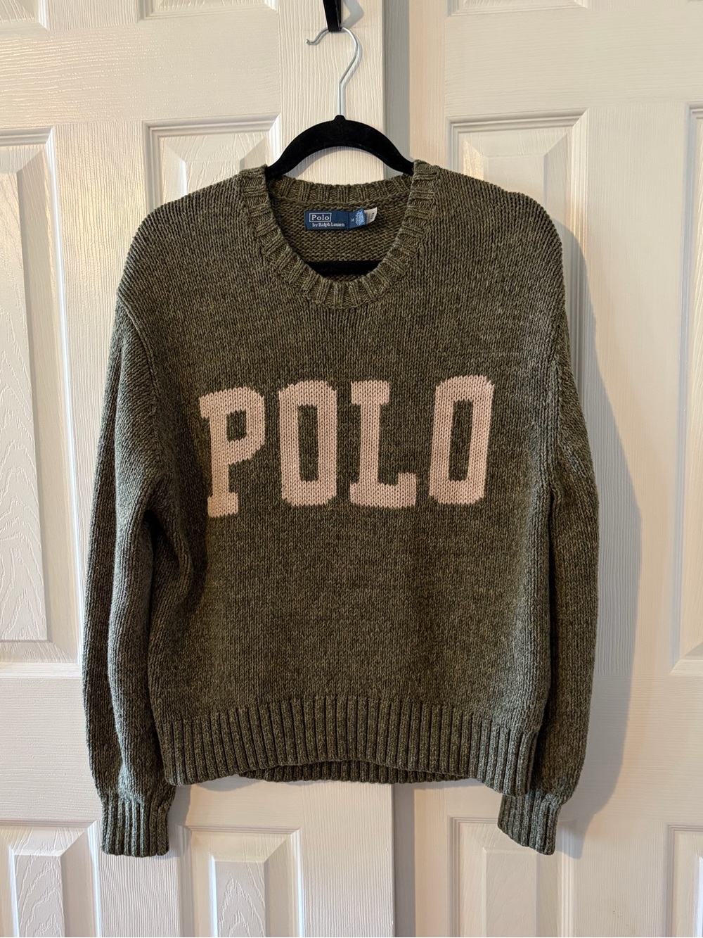 Polo by Ralph Lauren Olive Green Crewneck Sweater With Large Cream Color Logo